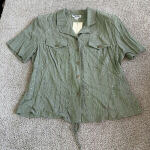 Dawn Joy II Jacket Womens 16W Green Floral Embroidered Button Front Belted USA